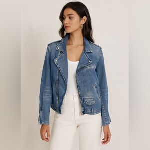 Zara Denim Blue Moto Biker Jean Jacket Distressed Jacket Size L